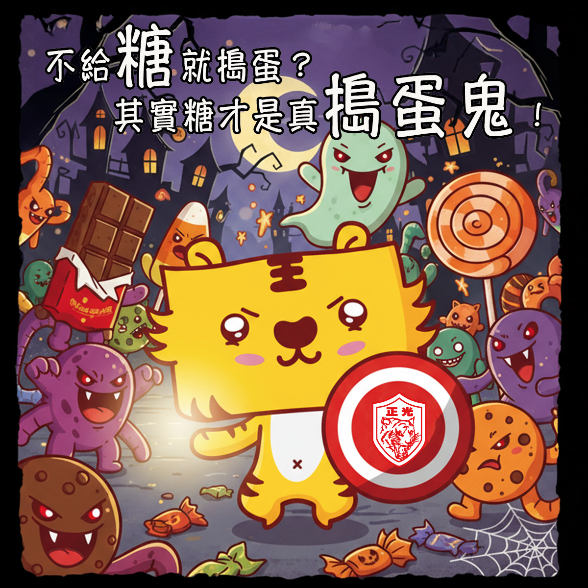 萬聖節痠痛主題插畫:金絲虎拿著盾牌,象徵抵禦糖分(糖果怪獸)帶來的發炎與痠痛。
