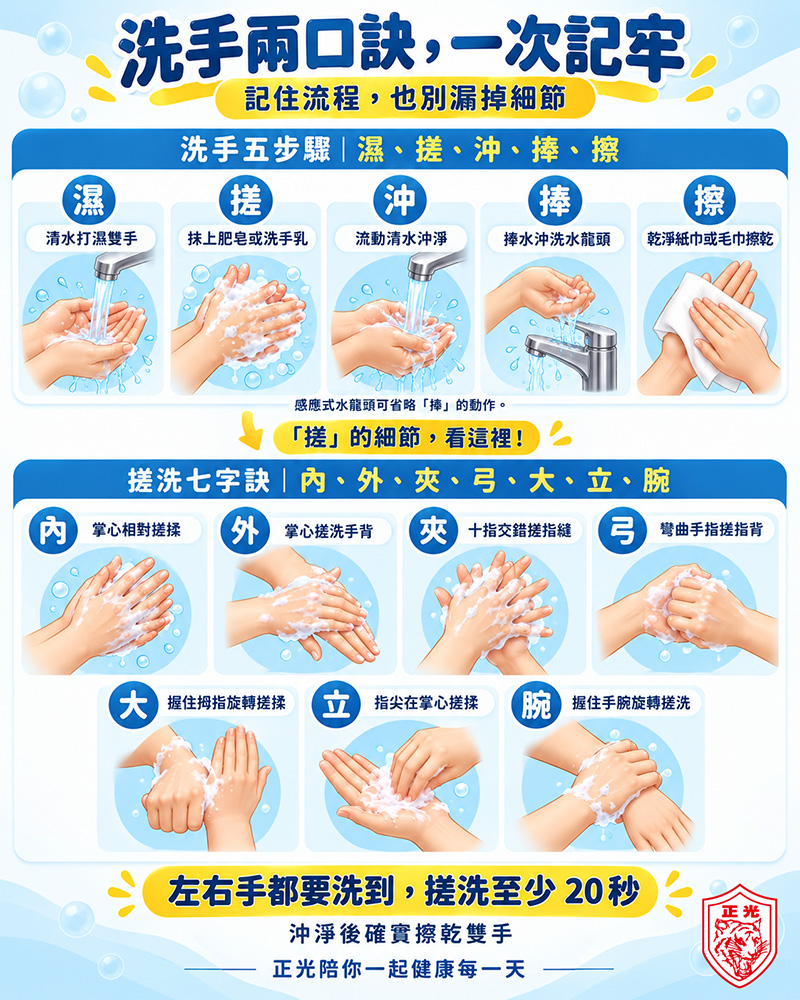洗手兩口訣圖解:洗手五步驟「濕、搓、沖、捧、擦」,搭配搓洗七字訣「內、外、夾、弓、大、立、腕」,依序清潔手心、手背、指縫、指背、拇指、指尖與手腕。左右手都要洗到,搓洗至少20秒,沖淨後確實擦乾;感應式水龍頭可省略「捧」的動作。