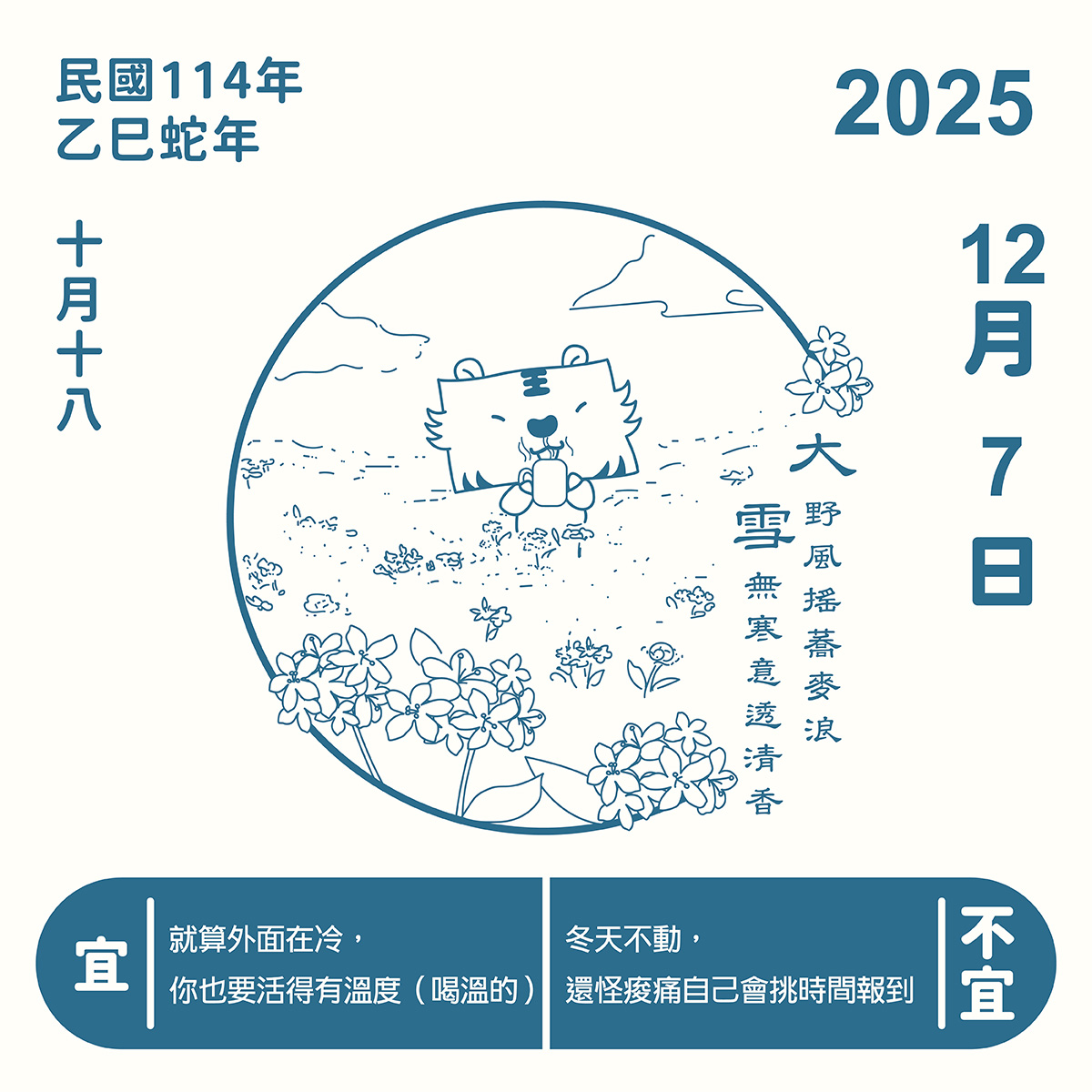2025年大雪節氣插畫圖卡。正光金絲虎在彰化二林蕎麥花海中喝熱茶,對應詩句「大野風搖蕎麥浪,雪無寒意透清香」。日期為12月7日。下方列出大雪養生宜忌:宜喝溫飲讓生活有溫度;不宜冬天久坐不動,容易導致痠痛報到。