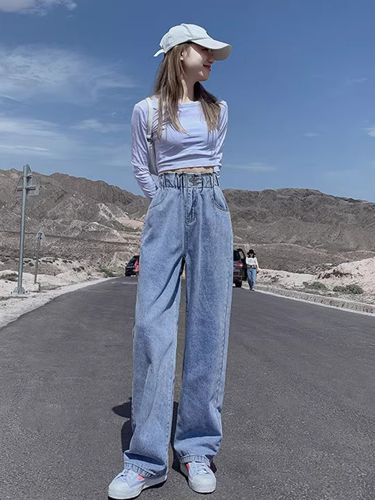 高腰雙釦全鬆緊直筒牛仔褲