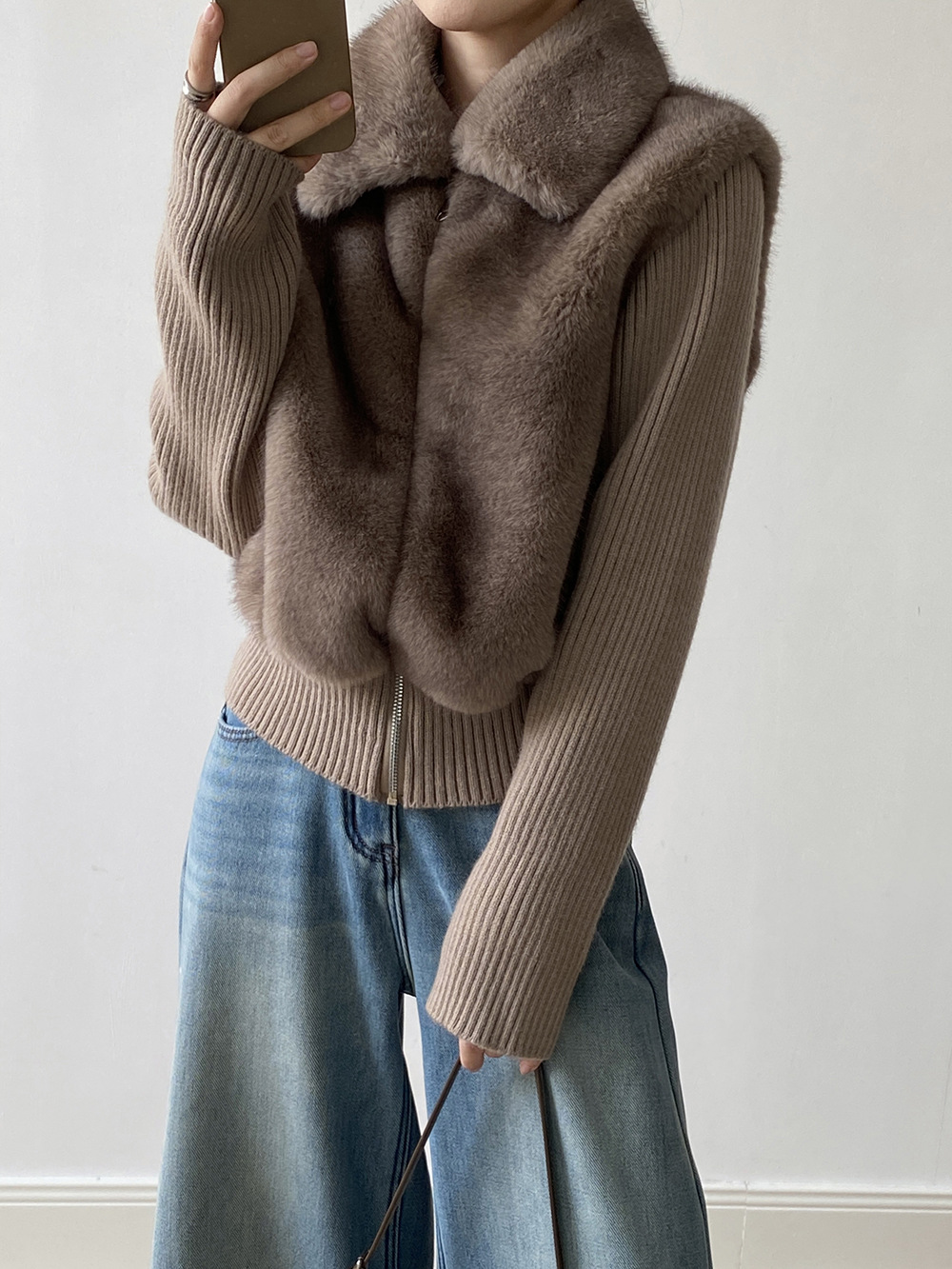 時髦設計感針織毛毛外套