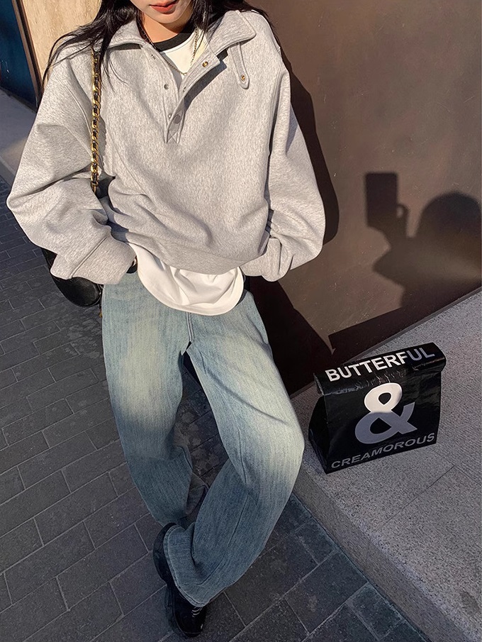 冬款加絨高腰寬鬆復古水洗淺藍色直筒闊腿褲 冬款加絨高腰寬鬆復古水洗淺藍色直筒闊腿褲