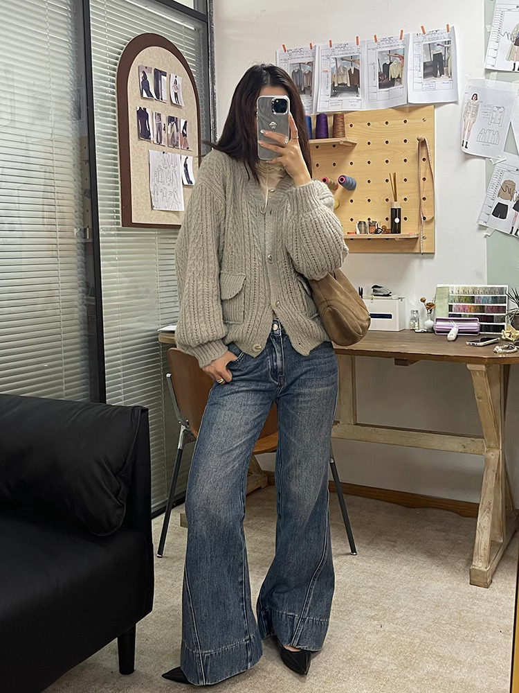 馬海羊毛大麻花毛開襟衫