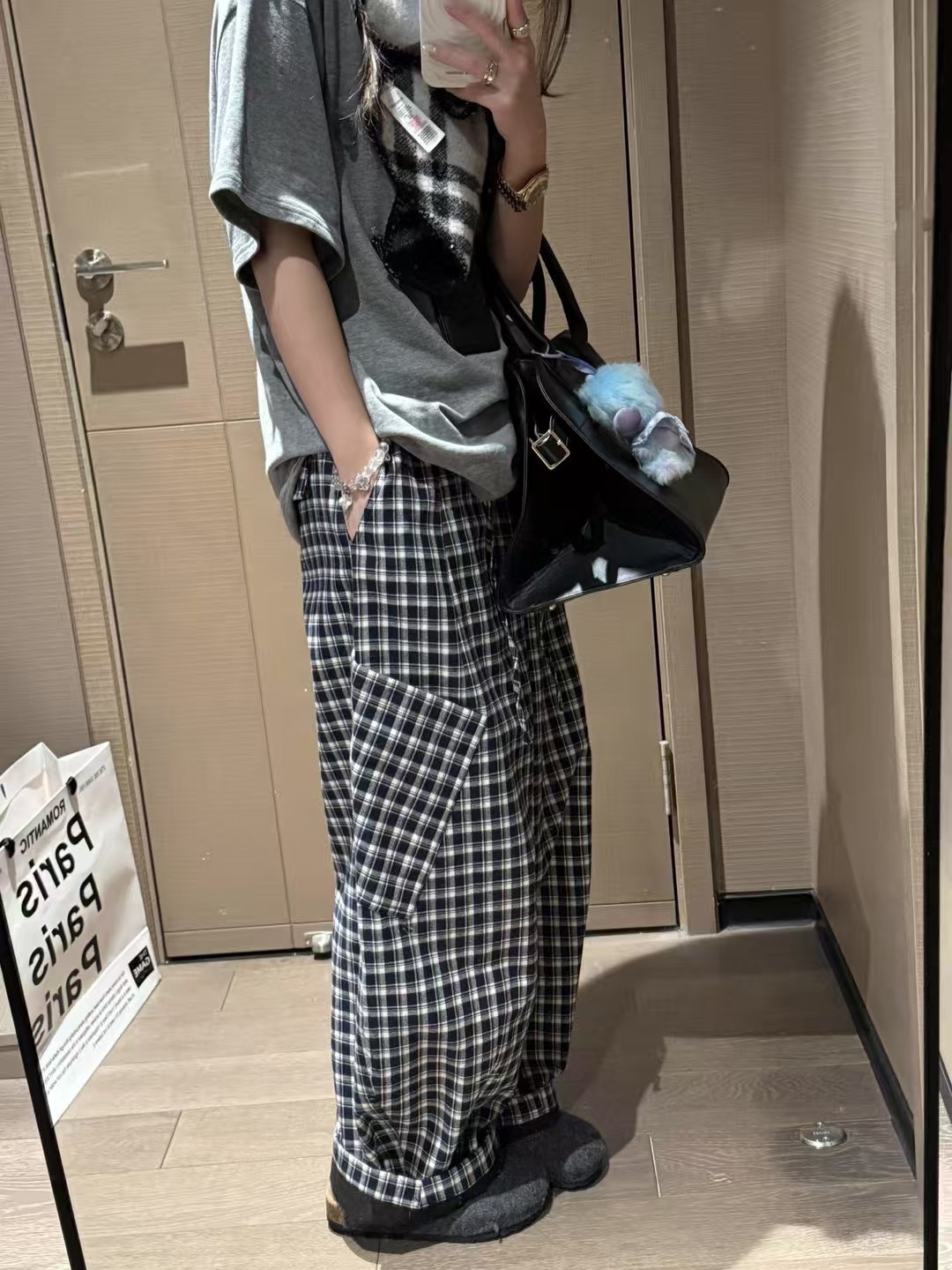 加絨抽繩經典大口袋格子長褲