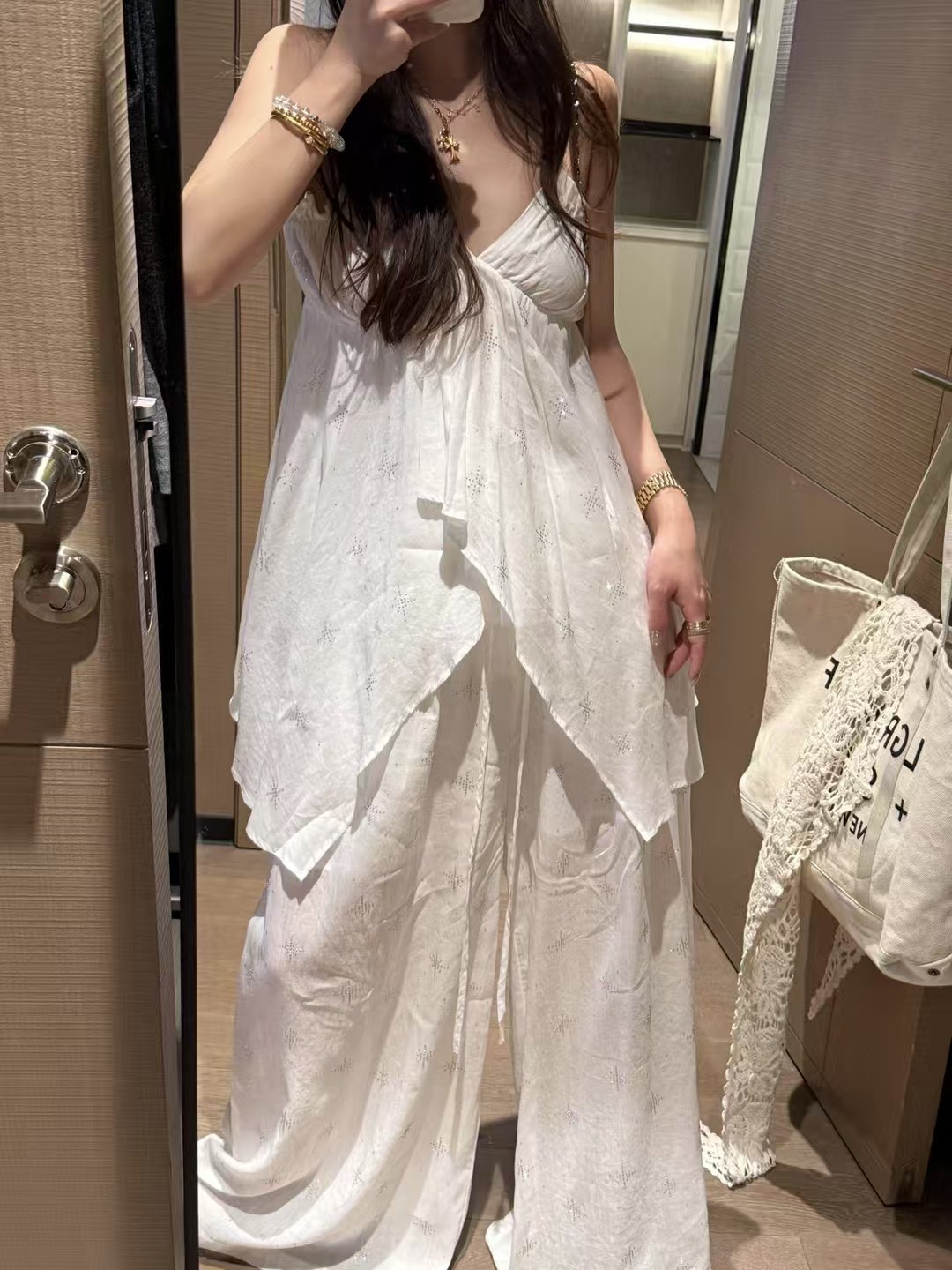 燙鑽不規則吊帶背心亞麻長褲9