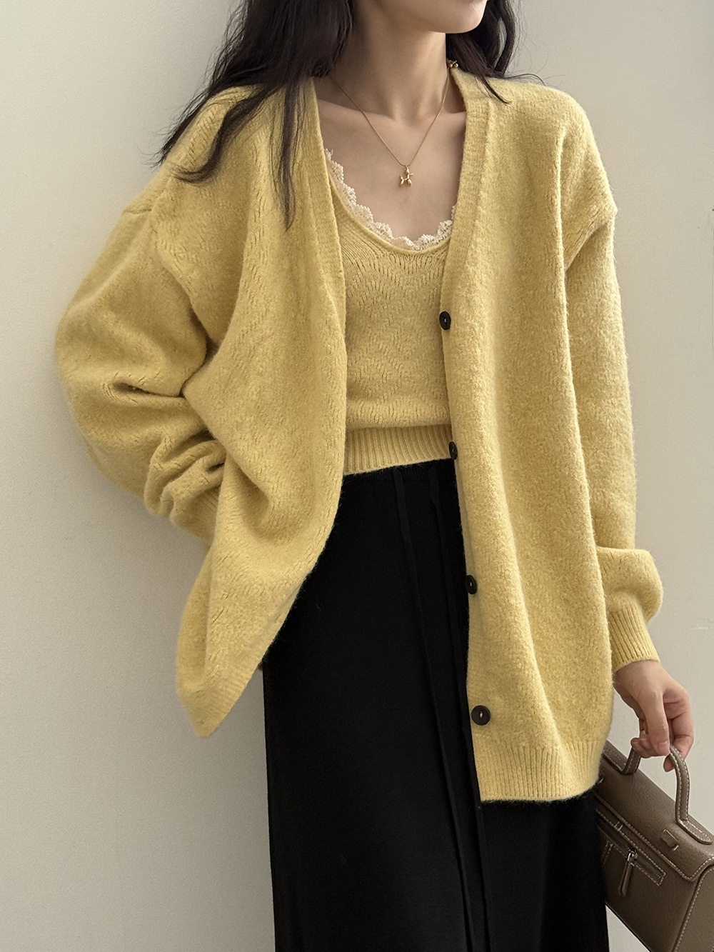 慵懶風純色花邊針織開衫兩件套