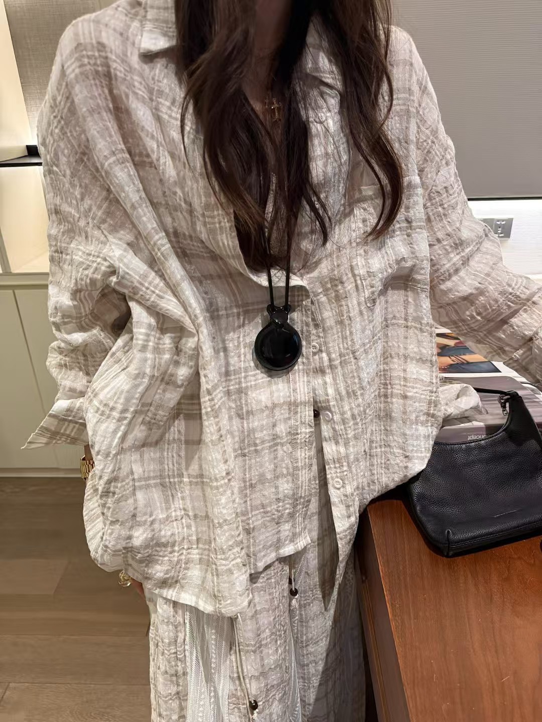 亞麻天絲暗格襯衫拼接蕾絲半身裙2