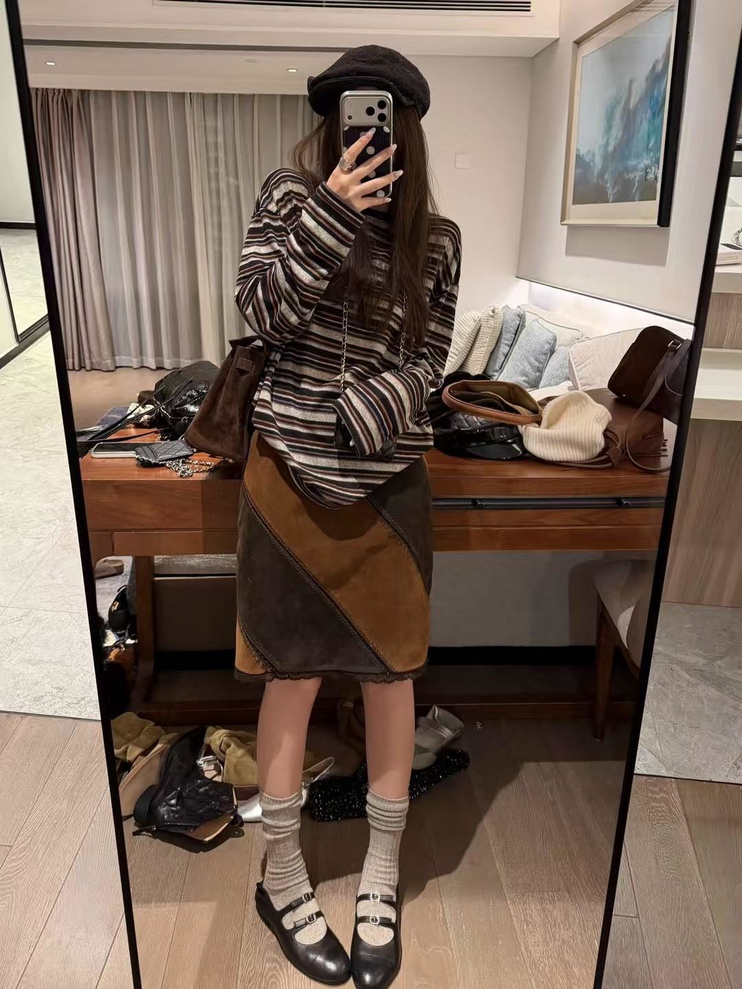 拼接麂皮半身中裙 拼接麂皮半身中裙