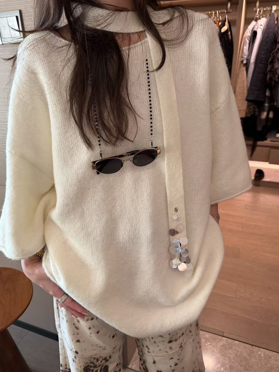 飄帶五分袖寬鬆毛衣上衣 飄帶五分袖寬鬆毛衣上衣