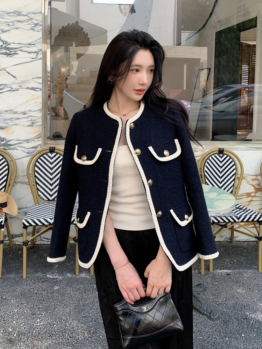 高知風穿搭法式粗花呢外套深藍色氣質小香風上衣 高知風穿搭法式粗花呢外套深藍色氣質小香風上衣