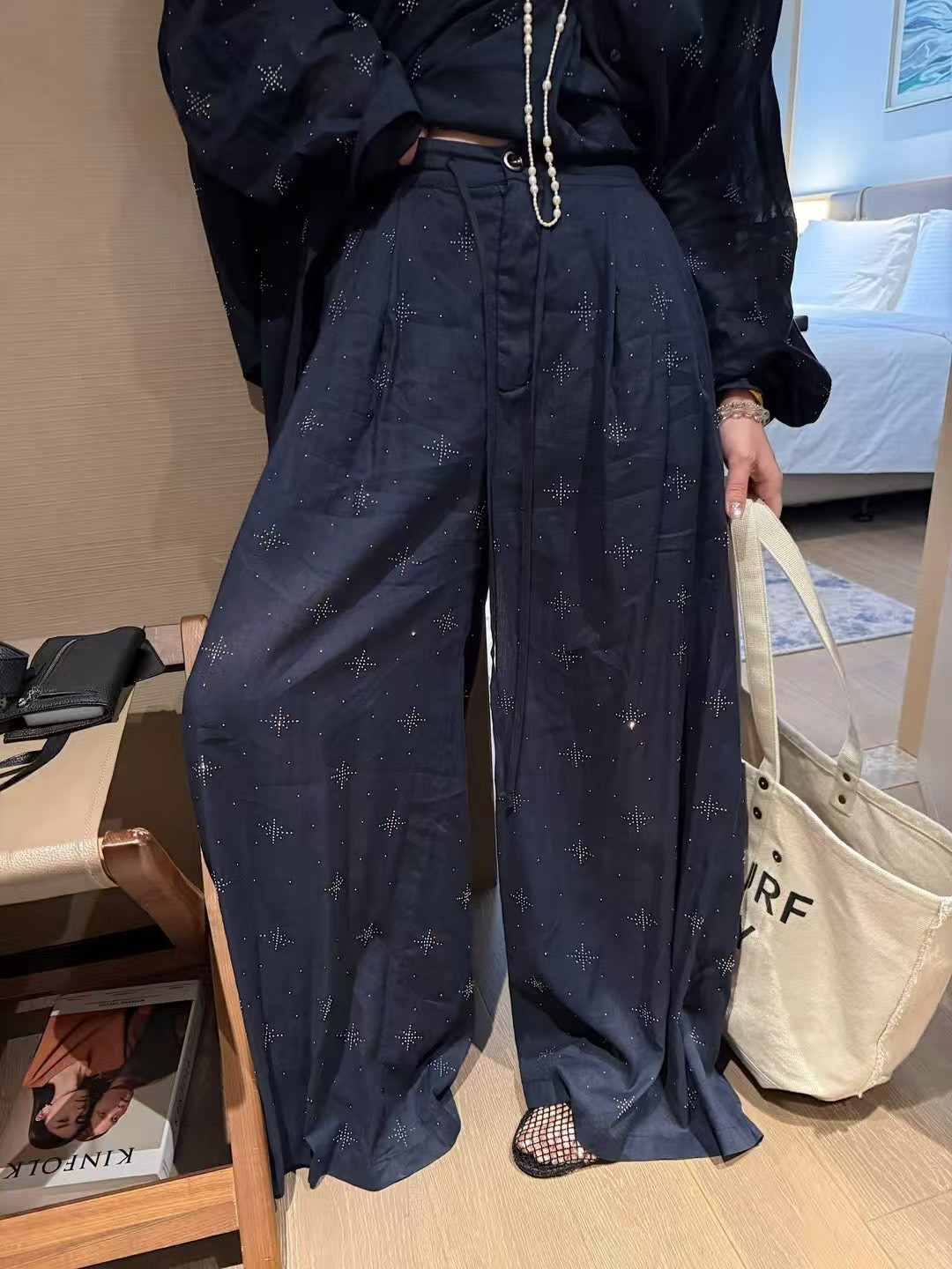 燙鑽不規則吊帶背心亞麻長褲13