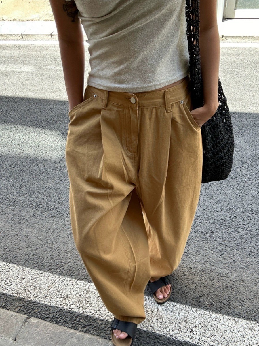 薄款美拉德棕寬鬆闊腿日式休閒牛仔褲