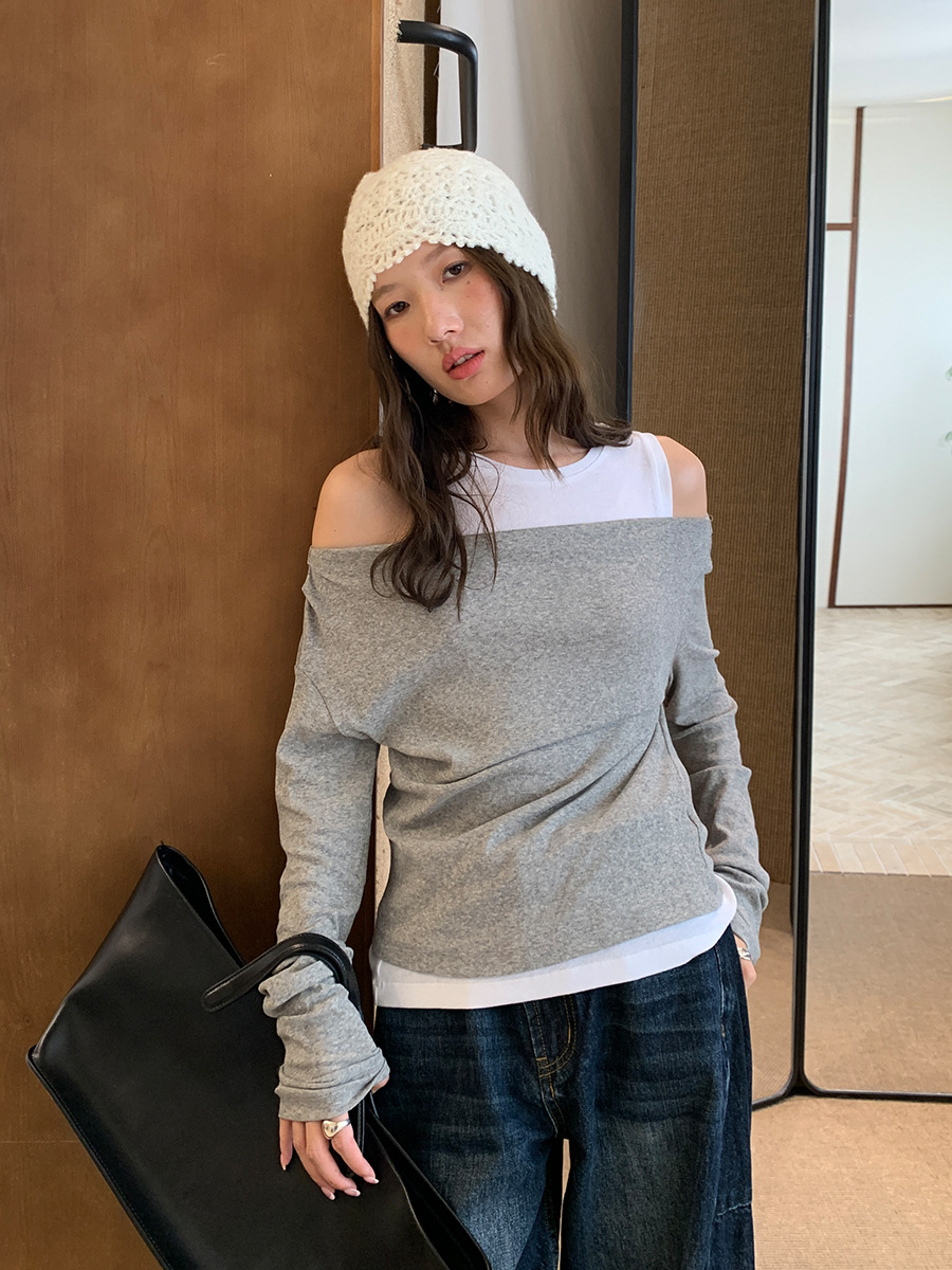 假兩件露肩色撞長袖T卹上衣