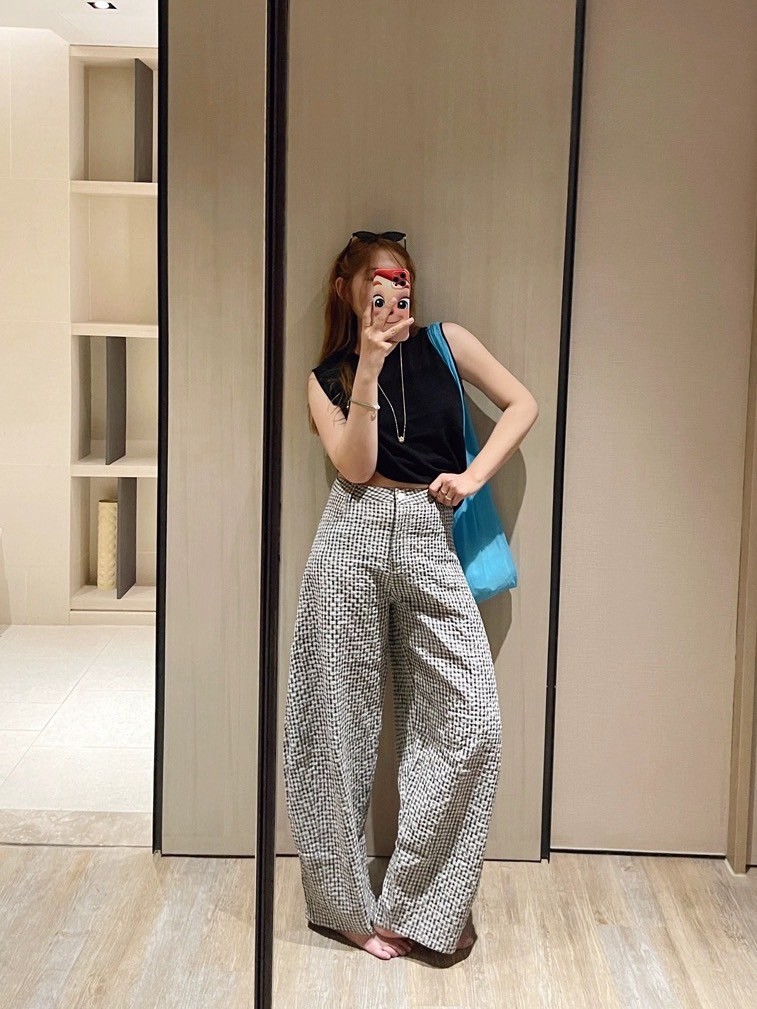 亞麻弧形闊腿格紋休閒褲輕薄透氣輪廓長褲