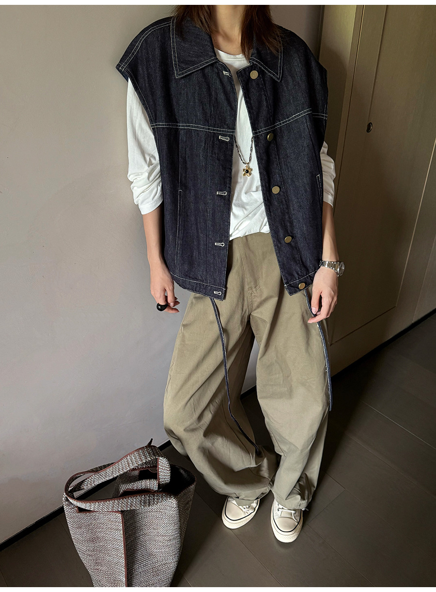 翻領拼格牛仔馬甲下擺繫帶 翻領拼格牛仔馬甲下擺繫帶