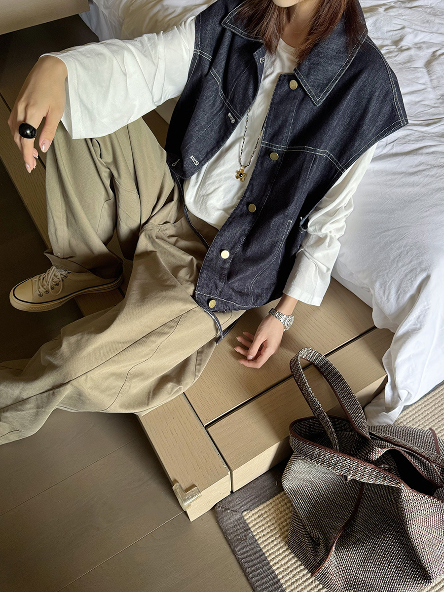 翻領拼格牛仔馬甲下擺繫帶