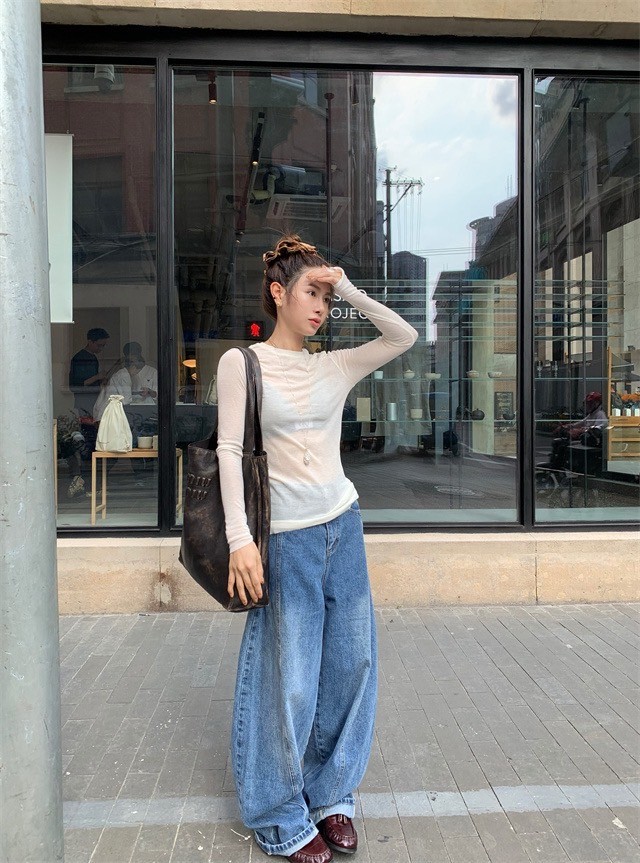 秋冬美式復古弧型拼接牛仔褲高腰寬腿顯瘦休閒長褲