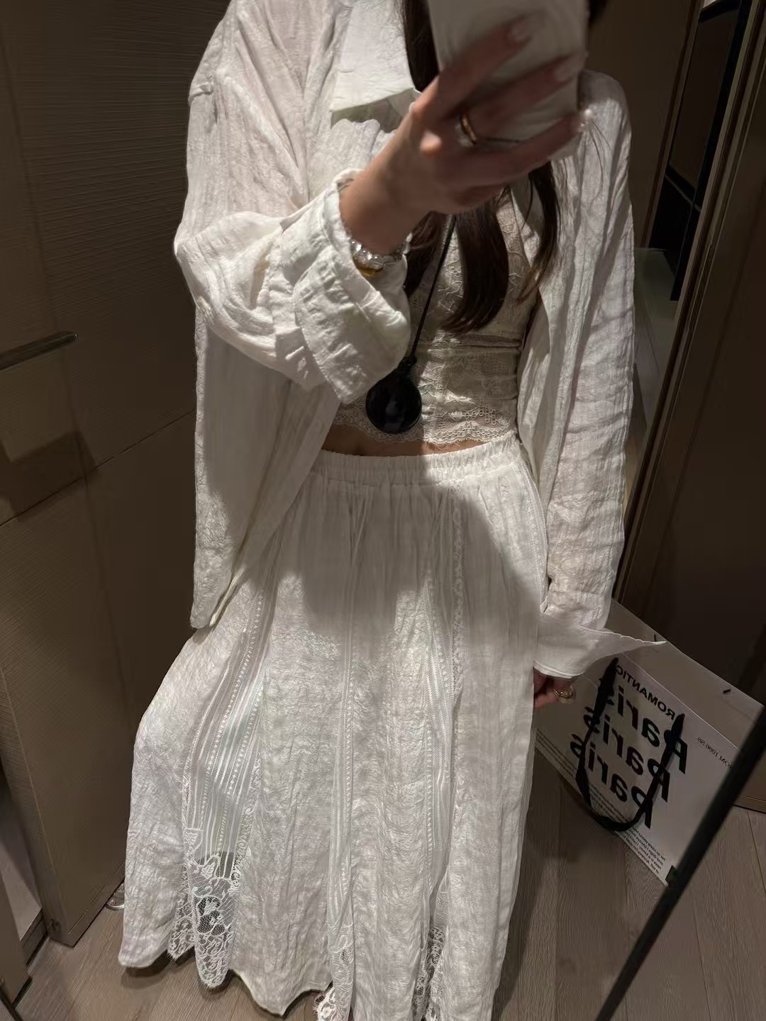 亞麻天絲暗格襯衫拼接蕾絲半身裙9