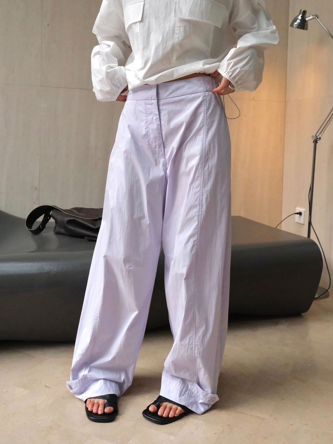 秋季簡約可調式腰部休閒褲寬鬆闊腿顯瘦休閒長褲