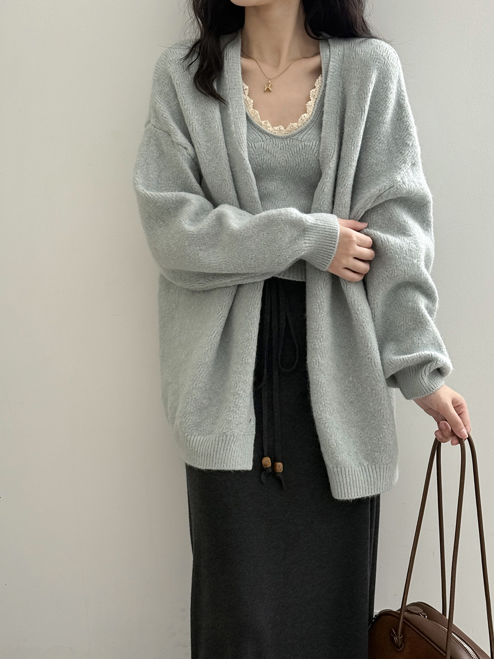 慵懶風純色花邊針織開衫兩件套