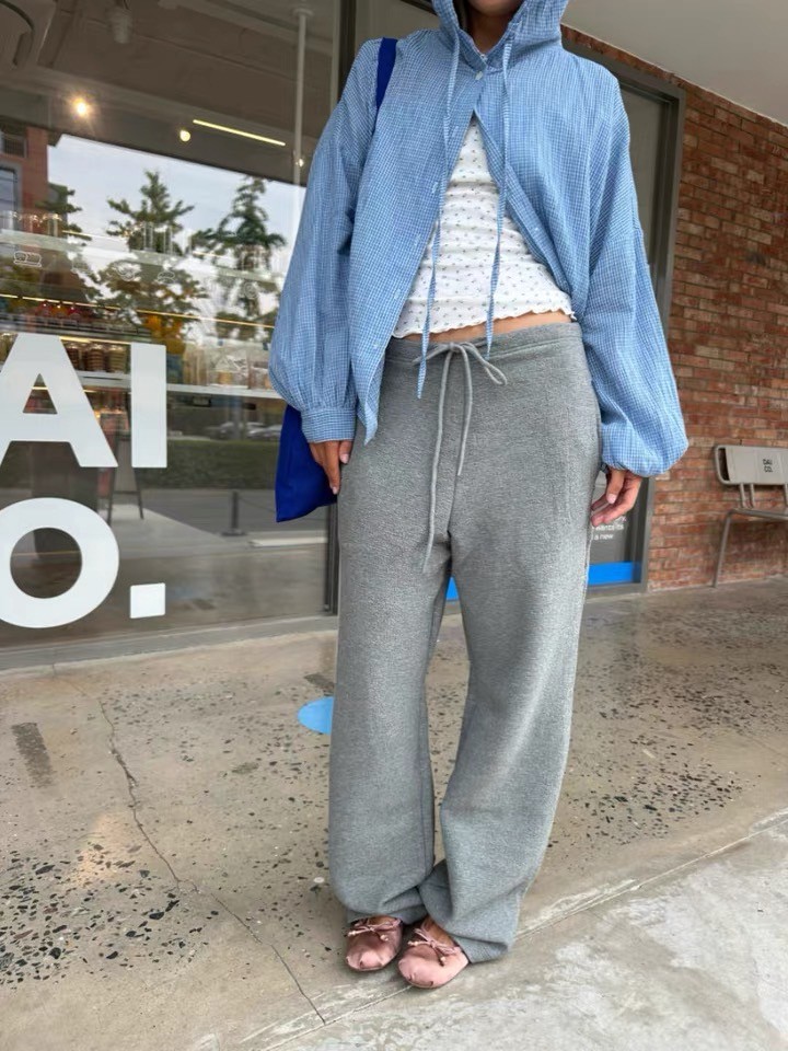 秋季慵懶風肌理感弧形香蕉褲抽繩寬鬆錐形衛褲