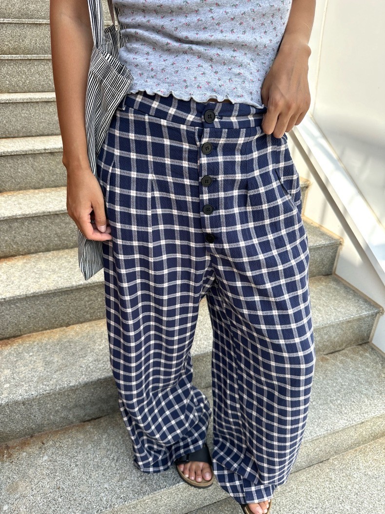 夏款巨巨涼快鬆弛感中腰格紋寬腳拖地褲適合高個子