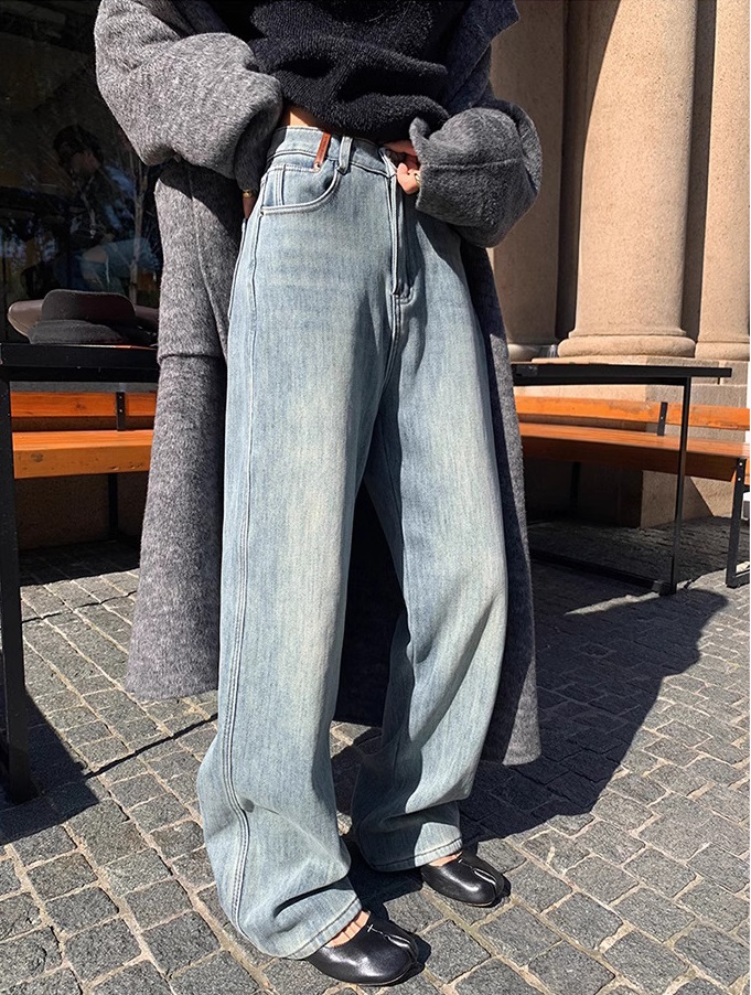 冬款加絨高腰寬鬆復古水洗淺藍色直筒闊腿褲
