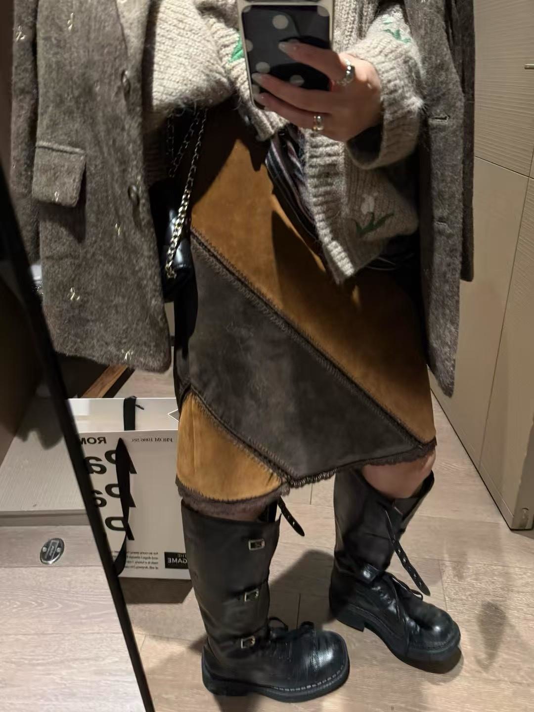 拼接麂皮半身中裙