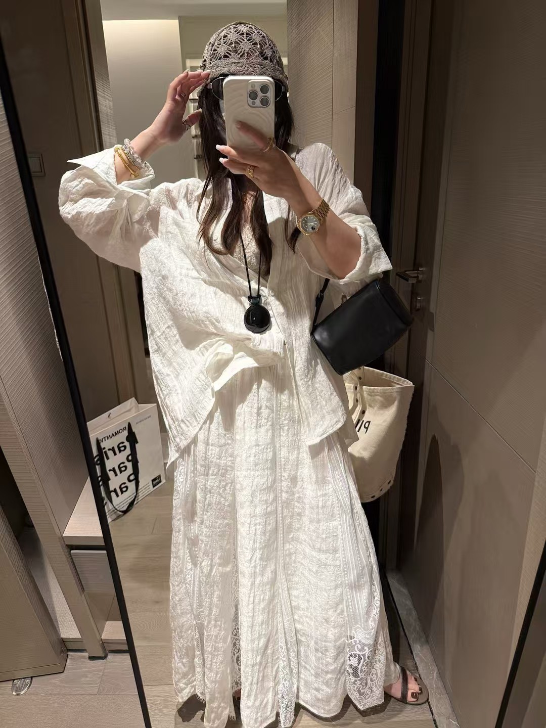 亞麻天絲暗格襯衫拼接蕾絲半身裙14