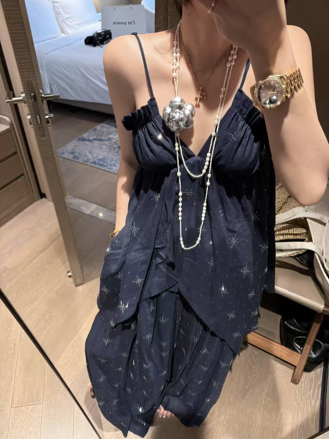 燙鑽不規則吊帶背心亞麻長褲4