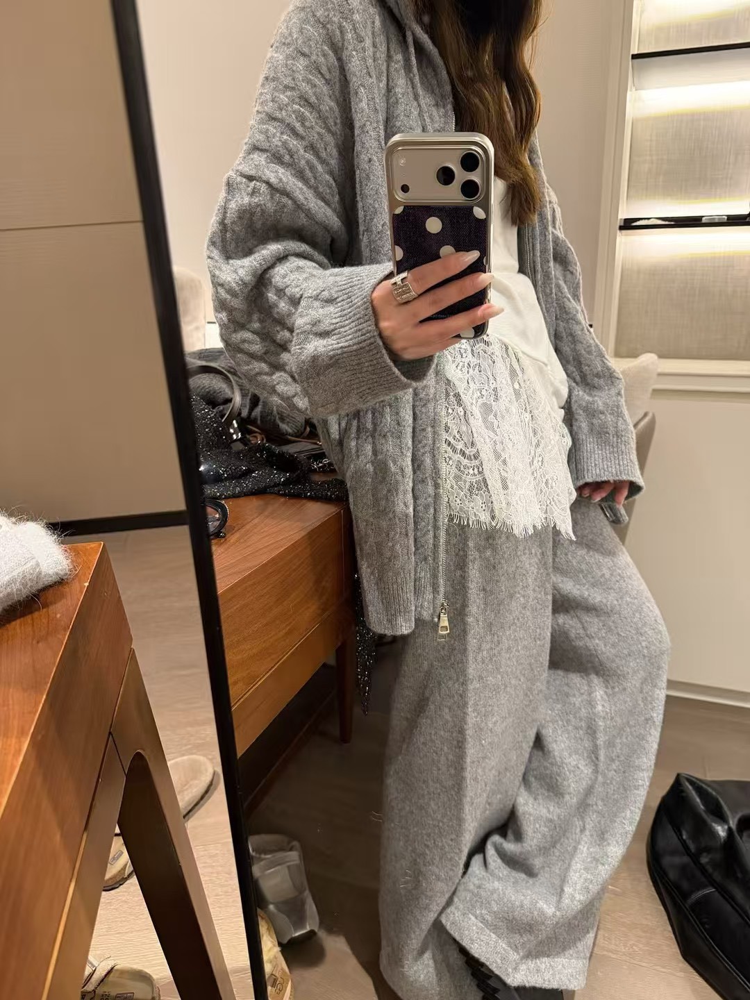 牛絨連帽麻花鬆緊腰長褲套裝