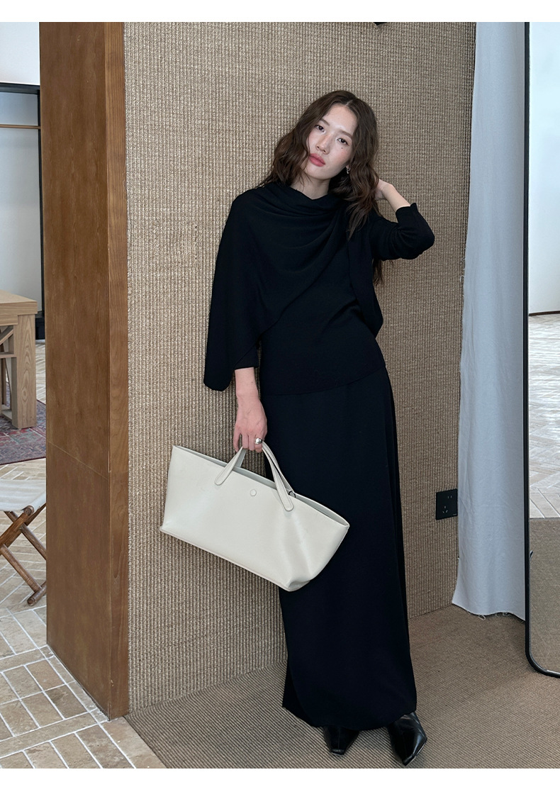 披肩羊毛針織衫+鬆緊腰半裙套裝