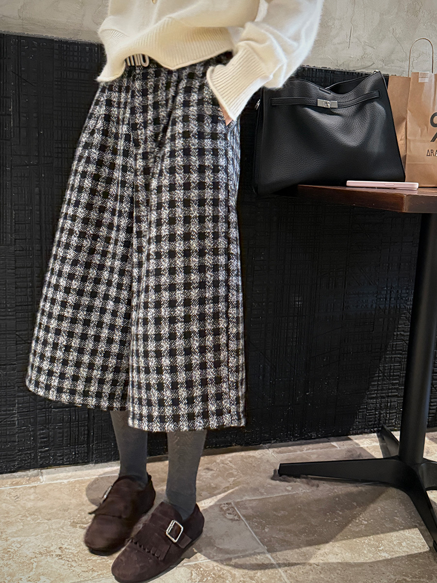 高腰磨毛格紋垂感直筒七分西裝褲