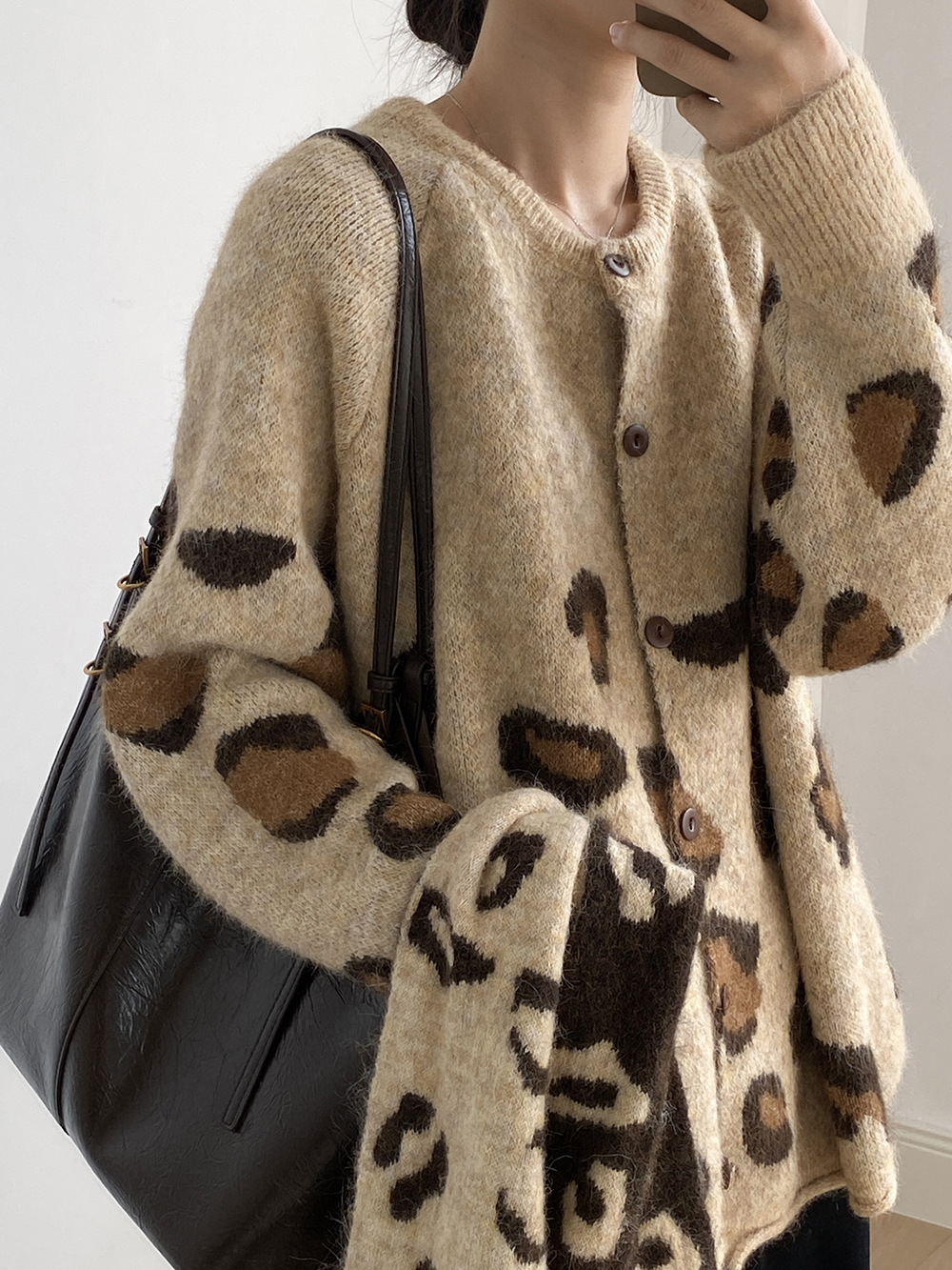 豹紋開衫針織毛衣(含圍巾）