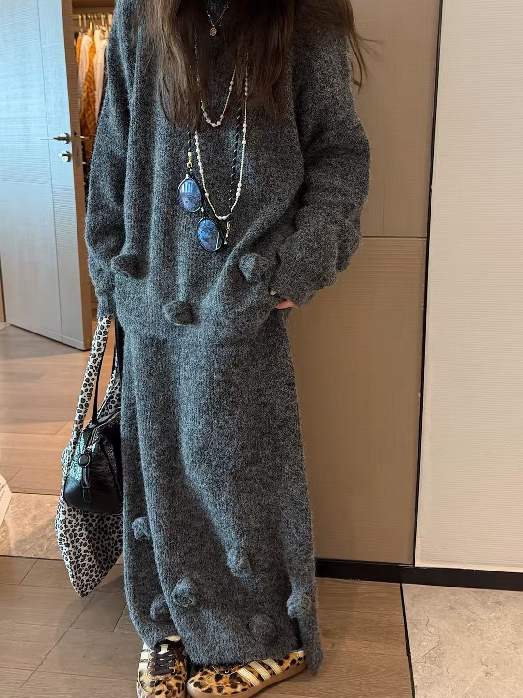 羊駝毛鬆緊腰兩件式花朵套裝