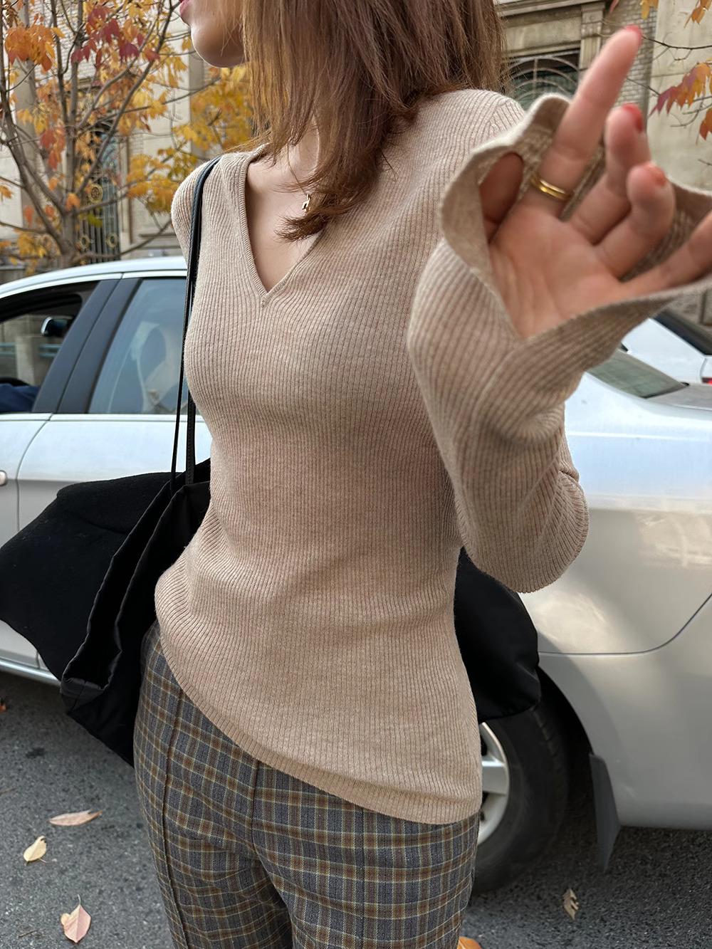 秋v領上衣長袖氣質修身針織衫 秋v領上衣長袖氣質修身針織衫