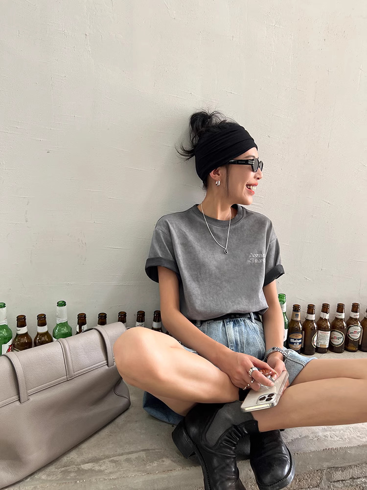 髒洗短袖寬鬆正肩字母印花圓領t恤