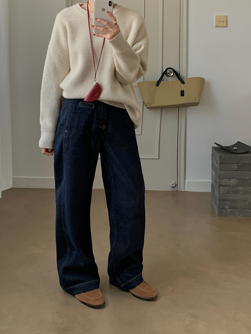 深藍闊腿高腰鐮刀牛仔褲女繭型寬鬆拉絨香蕉褲闊腿褲