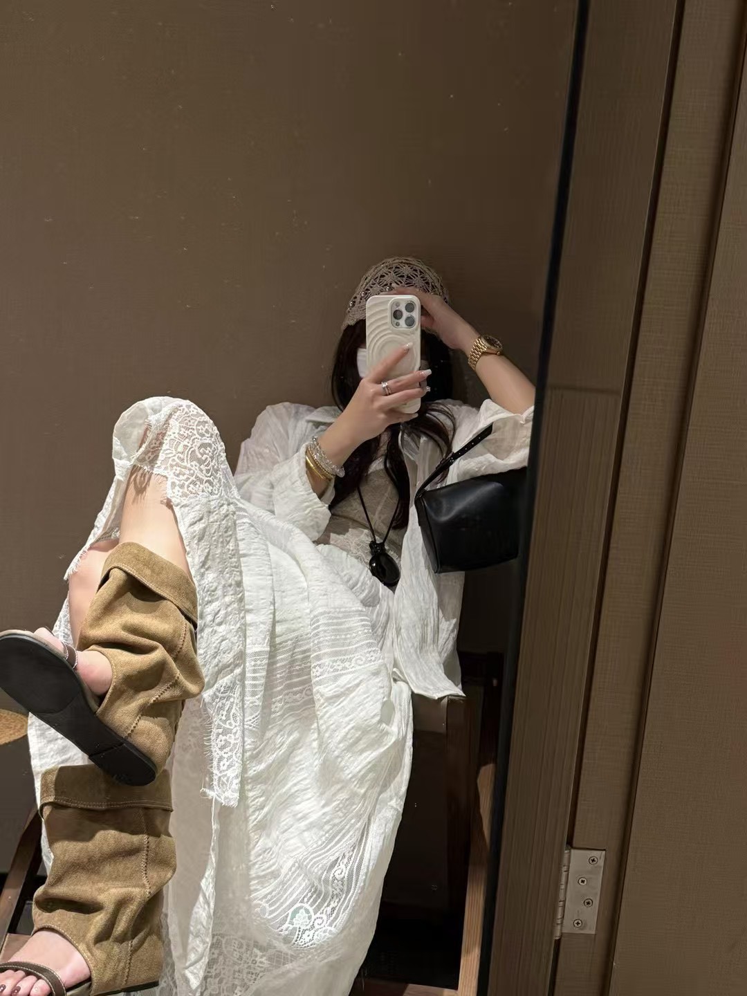 亞麻天絲暗格襯衫拼接蕾絲半身裙13