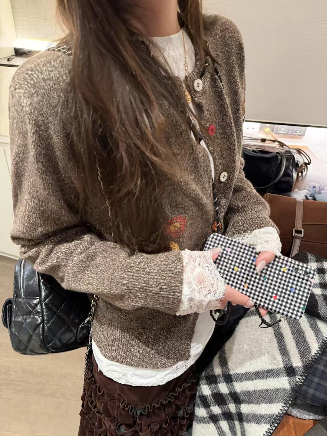 花灰羊毛刺繡雜色小開衫