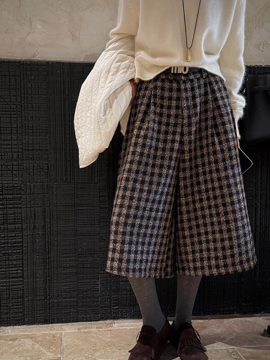 高腰磨毛格紋垂感直筒七分西裝褲