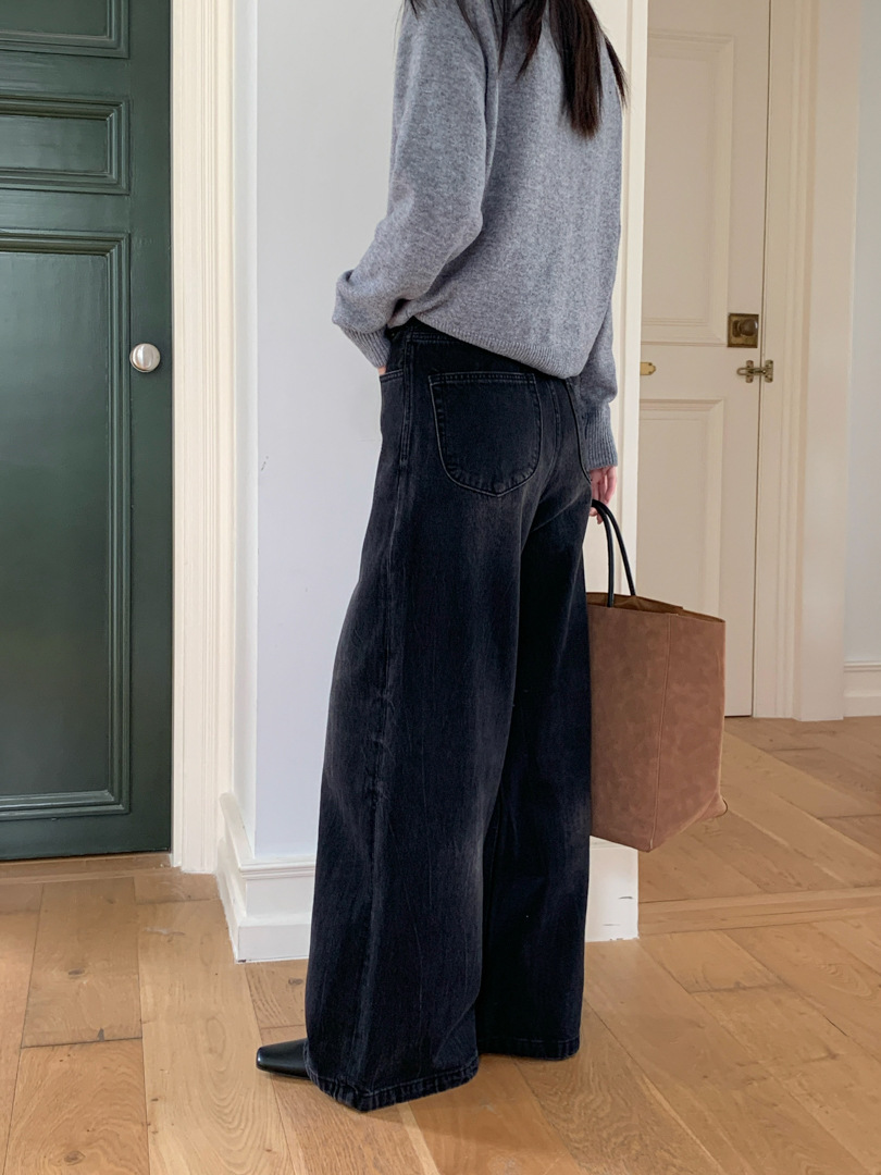 美式復古雪花水洗黑闊腿牛仔褲