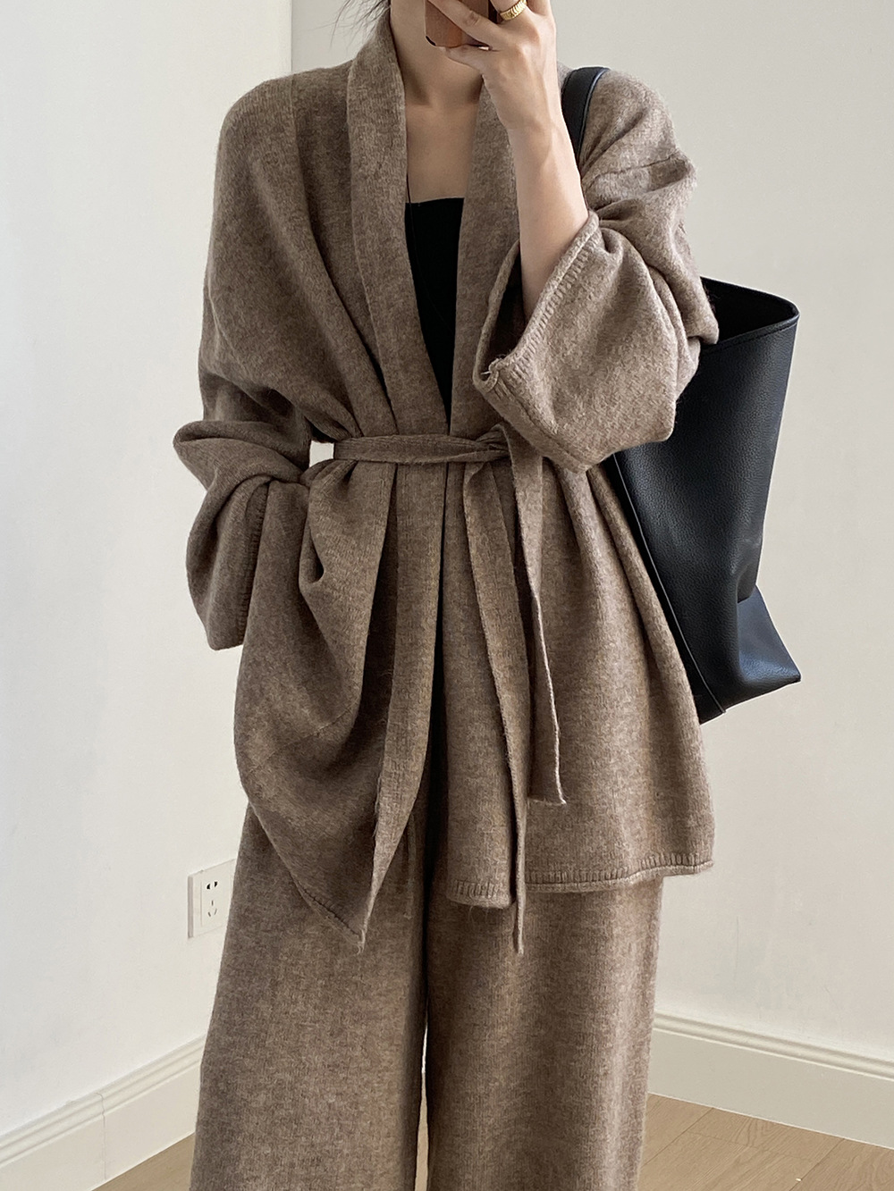 慵懶風繫帶針織開衫兩件套裝