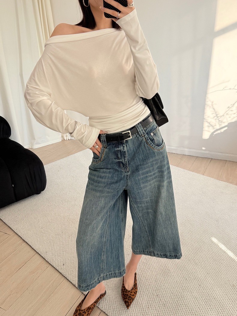 春季美式復古水洗闊腿牛仔褲寬鬆七分褲