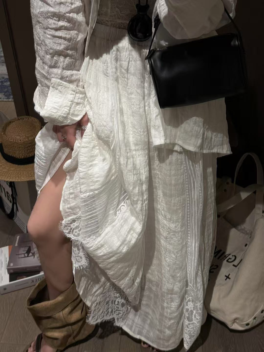 亞麻天絲暗格襯衫拼接蕾絲半身裙10
