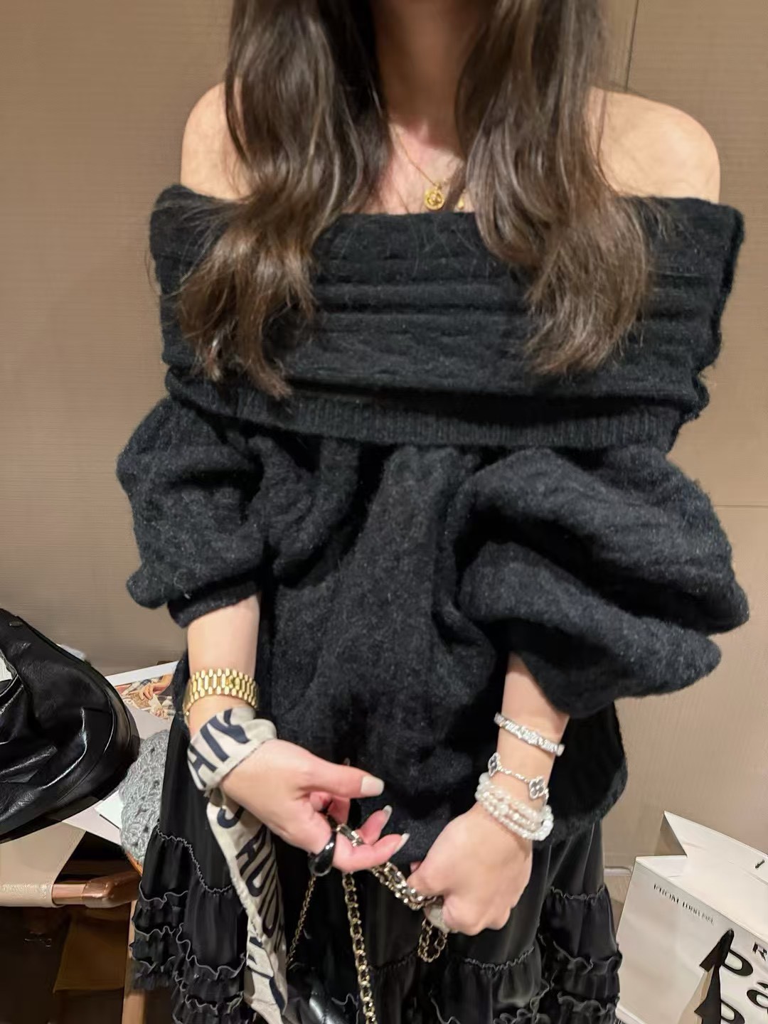 一字領麻花不對稱蝙輻袖