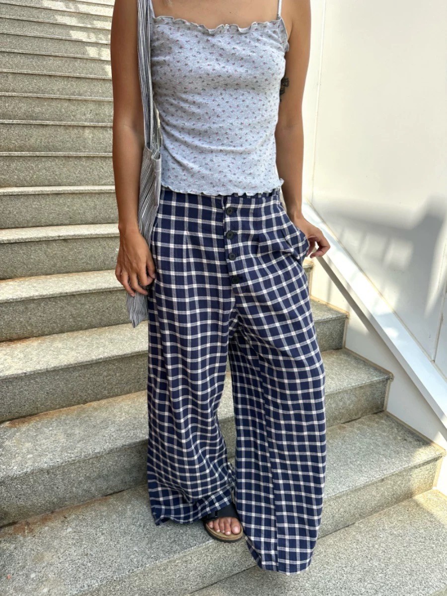 夏款巨巨涼快鬆弛感中腰格紋寬腳拖地褲適合高個子