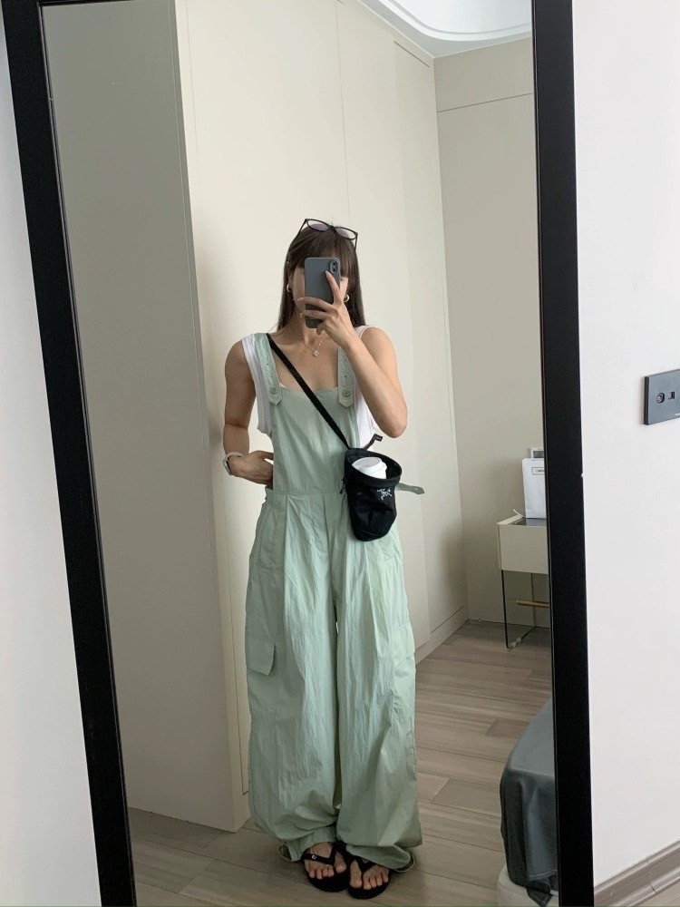 大推~夏款寬鬆闊腿工裝背帶褲清爽休閒長褲