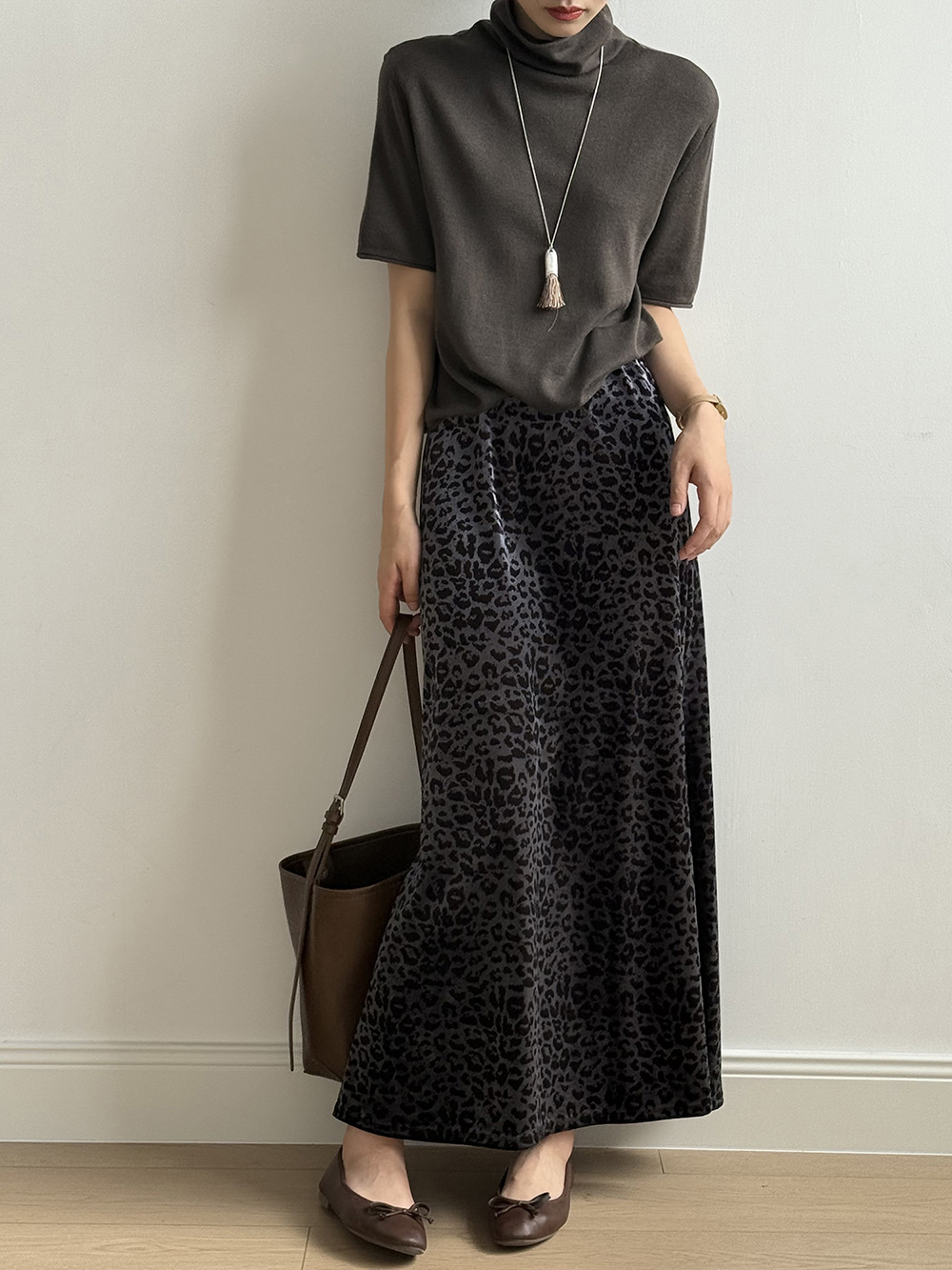 復古豹紋絲絨半身長裙