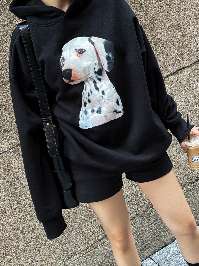 加絨斑點狗印花衛衣連帽加絨寬鬆休閒